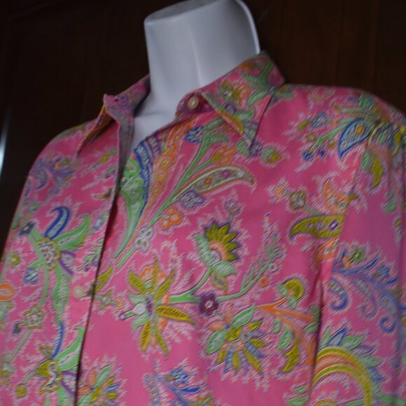 Lauren Ralph Lauren Blouse L Neon Pink Paisley Cotton Button Up Resort Chic - Picture 9 of 15